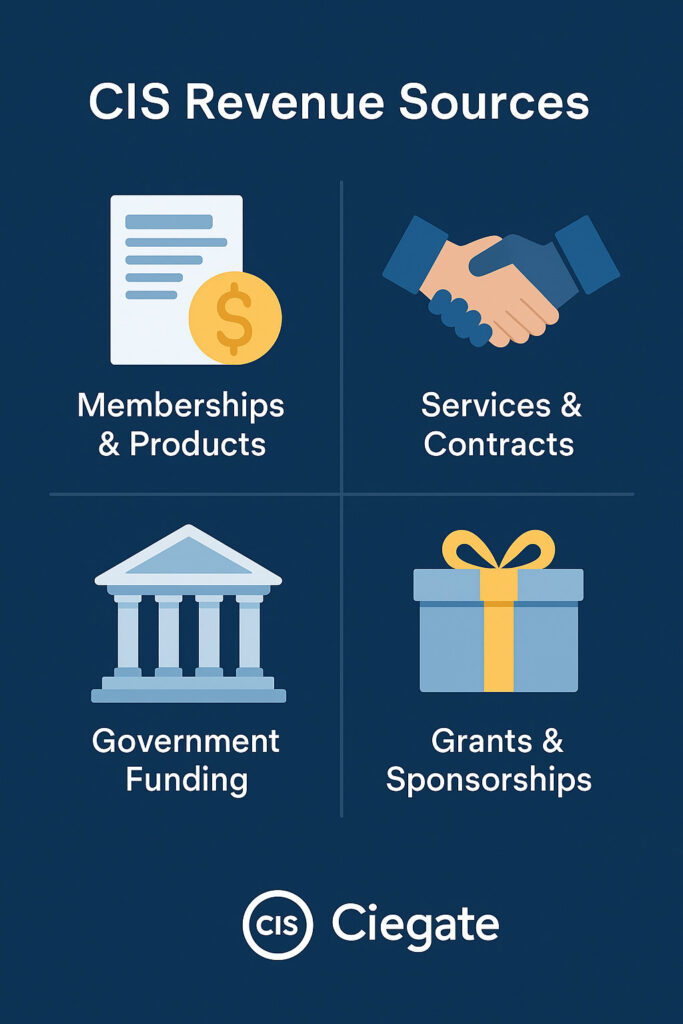 CIS revenue sources visualized – memberships, government funding, services, and sponsorships 🧑‍💻  Ciegate